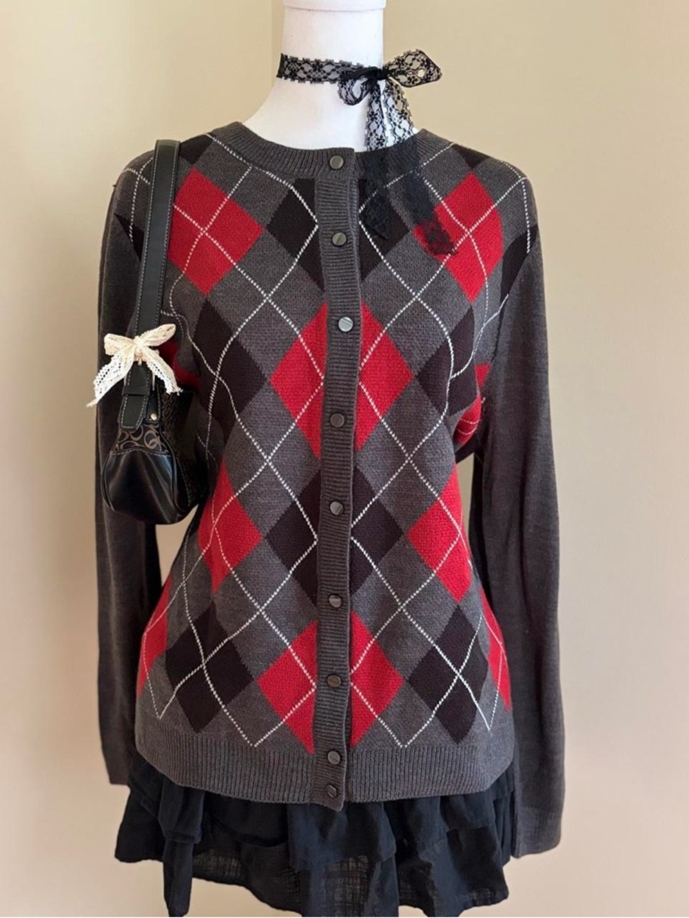 Vintage Y2K gothic preppy dark academia argyle cardigan sweater gray red black L